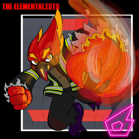 An experienced fighter in the Elementalists world. Sengel's a German parakeet in his mid 40's. He constantly spews lava out his beak, which is why he wears a muzzle.