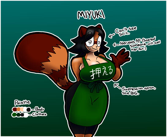 Miyuki! She's a thrift store owner, not a barista! She has extreme macromastia, and uses a magical apron donated to her thrift store to make things more manageable. She has extreme anxiety about her own weight, believing people are talking about it.